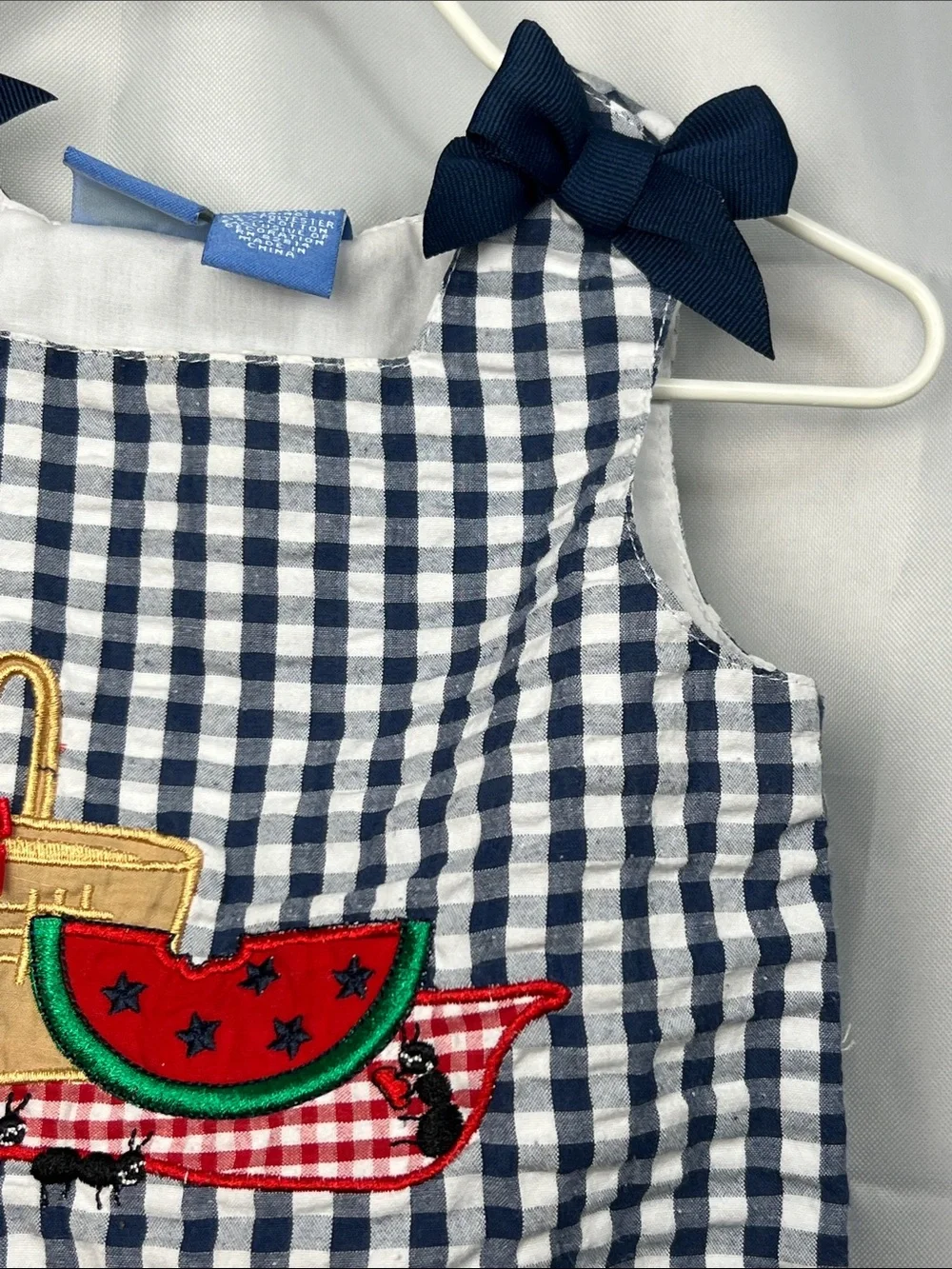 Kid Crew navy gingham Searsucker bubble romper with picnic appliqué 12 months